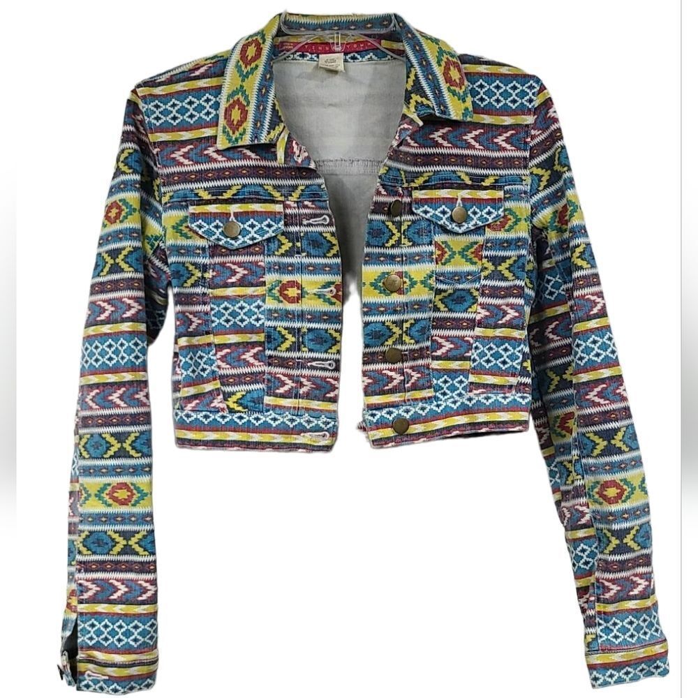 Tinseltown Denim Couture Aztec Tribal Cropped Jean Jacket Western Stretch Boho - Picture 2 of 10